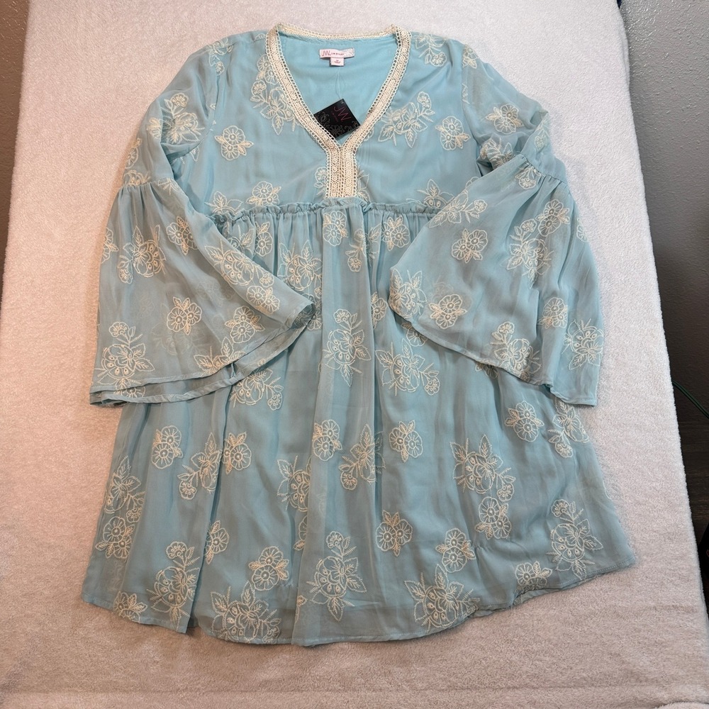 JW Style Blue Floral Embroidered V-Neck Bell Sleeve Tunic Dress AF3527 NWT M